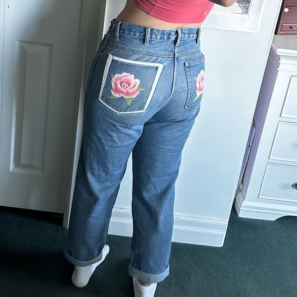 Hand Painted Rose Jeans